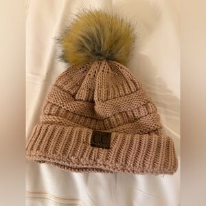 C.C. Beanie Pink Cozy Warm Knit Beanie Hat with Fun Pom Pom one size women